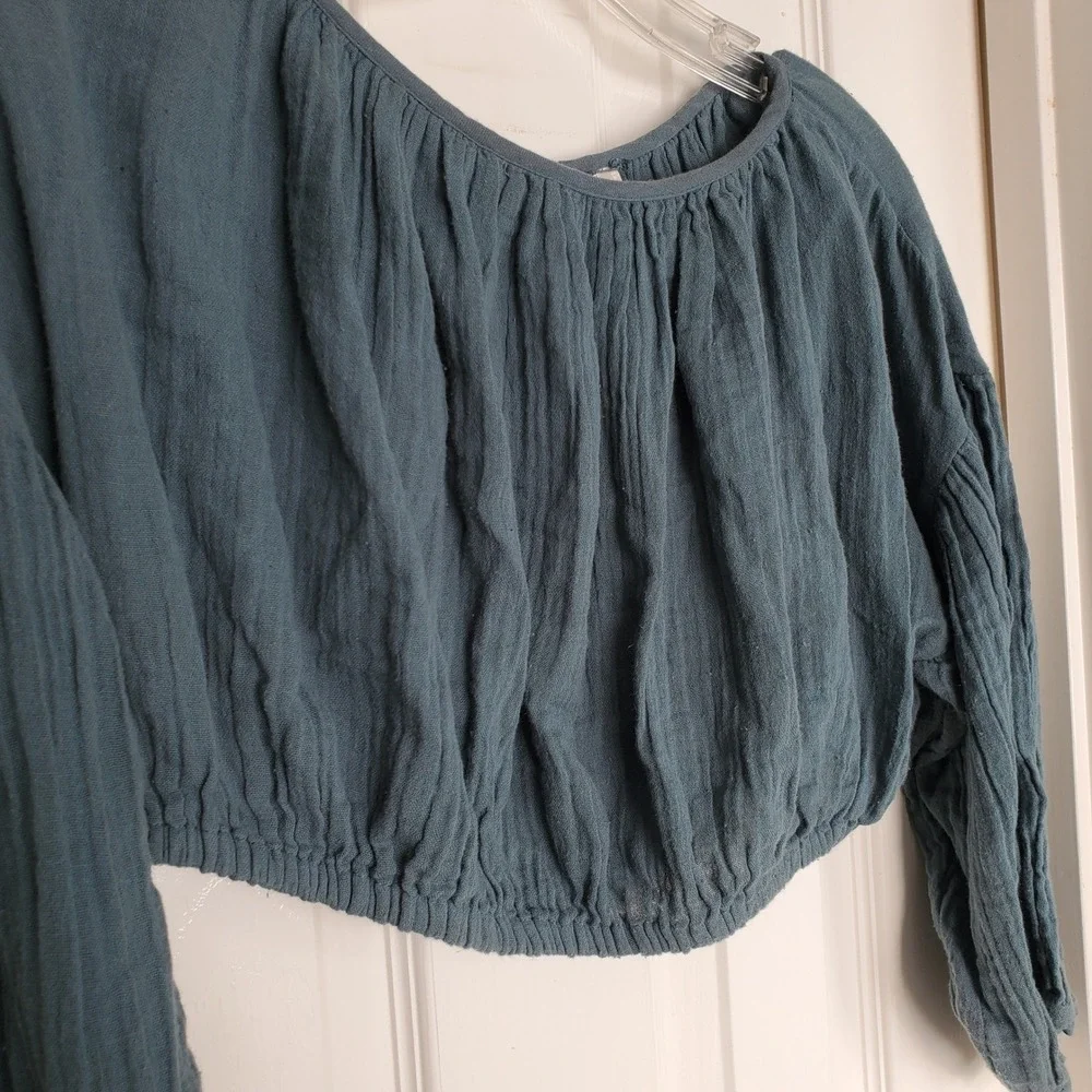 Free People Teal Gauze‎ Cropped Puffy Blouse Button Open Back Dolman Sleeve Sm